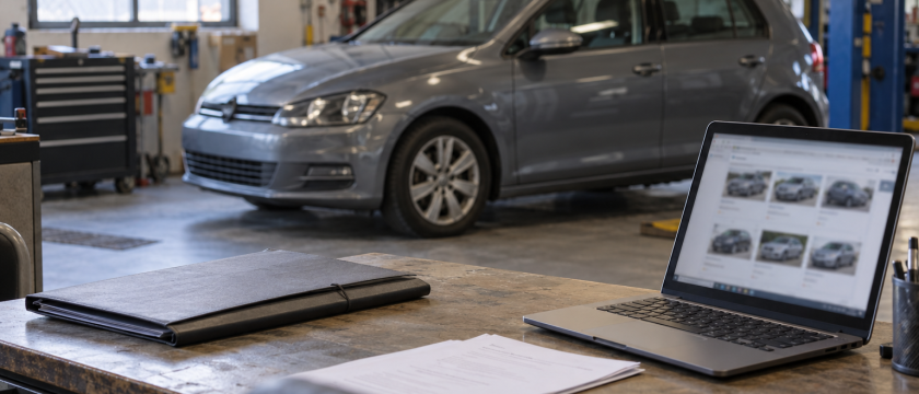 Vehículo en un taller junto a documentación y un ordenador con ofertas de coches